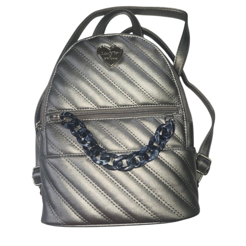 Betsey Johnson Quilted Silver Backpack with Chain Detail